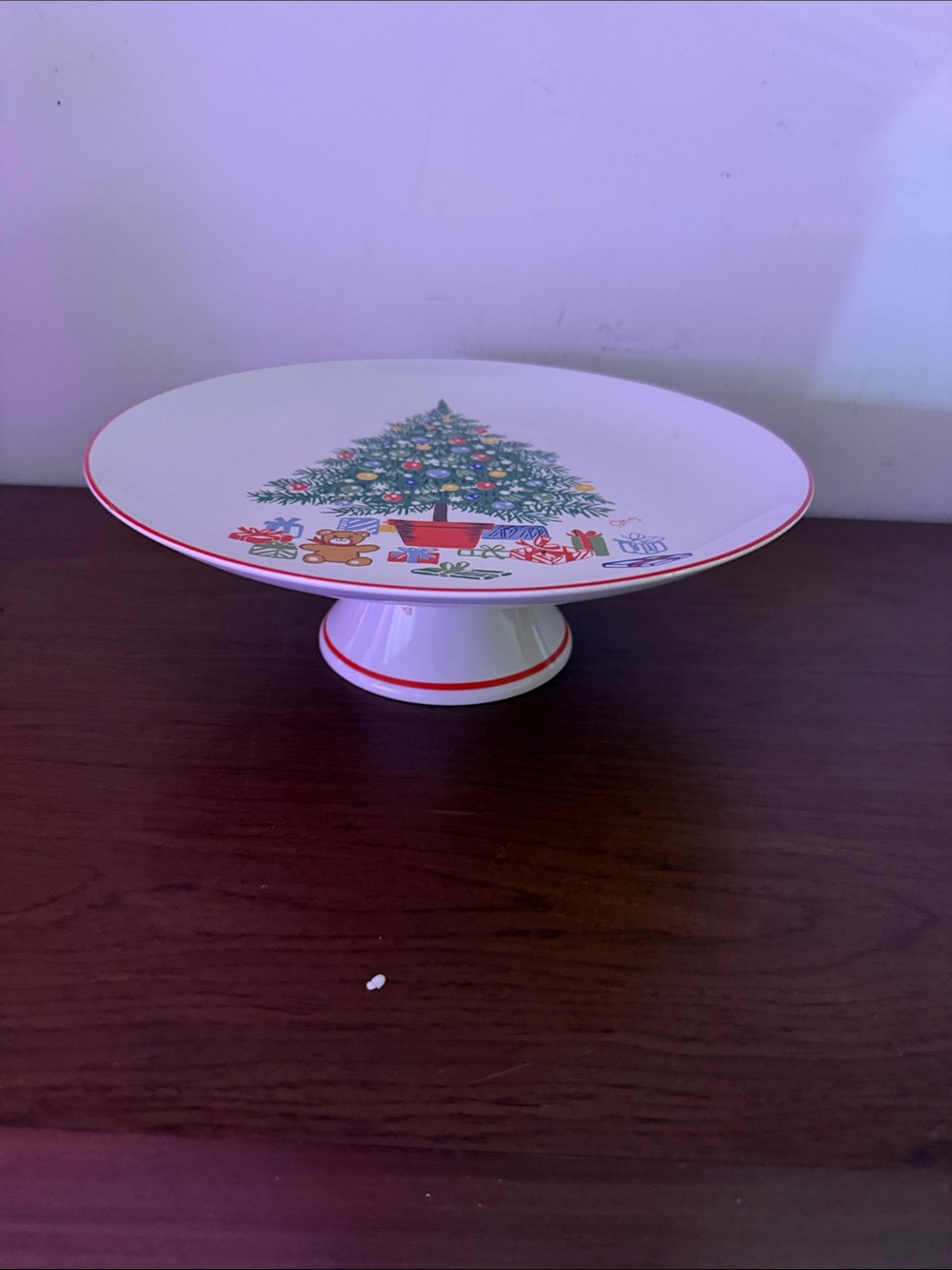 Vintage Himark by Saltera porcelain Christmas tree pedestal cake stand.